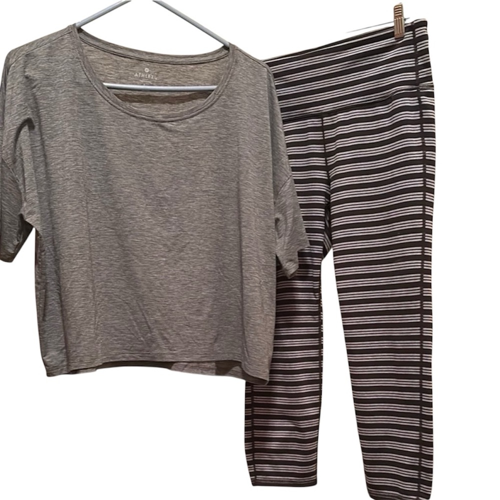 Athleta Gray Essential tee Top and Striped Leggings Set